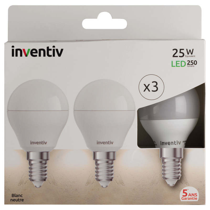 Ampoule LED boule E14 3 W 250 lm blanc neutre 3 pièces INVENTIV