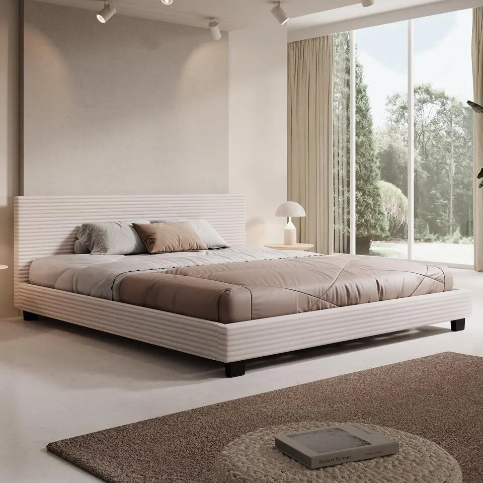 Meubella - Tweepersoonsbed George - Beige ribstof - 180x200 cm