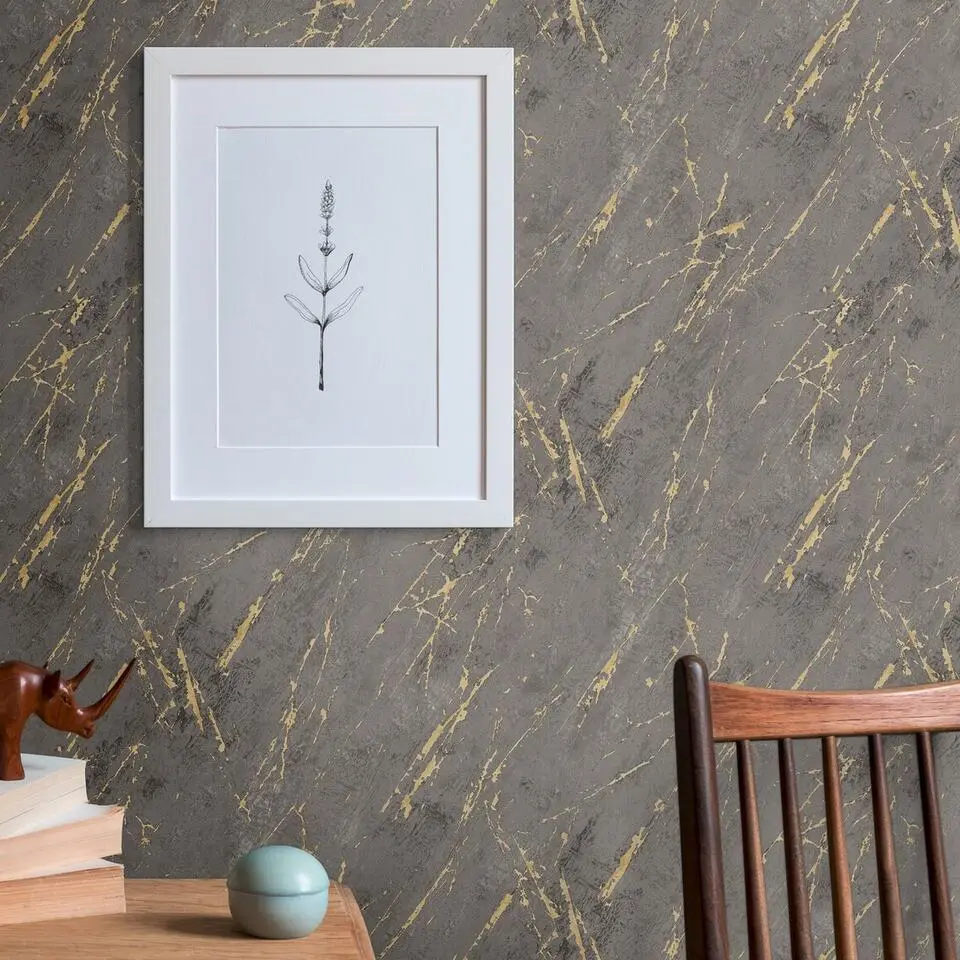A.S. Cr&eacute;ation behang marmer antraciet grijs, goud en zwart - 53 cm x 10.05 m