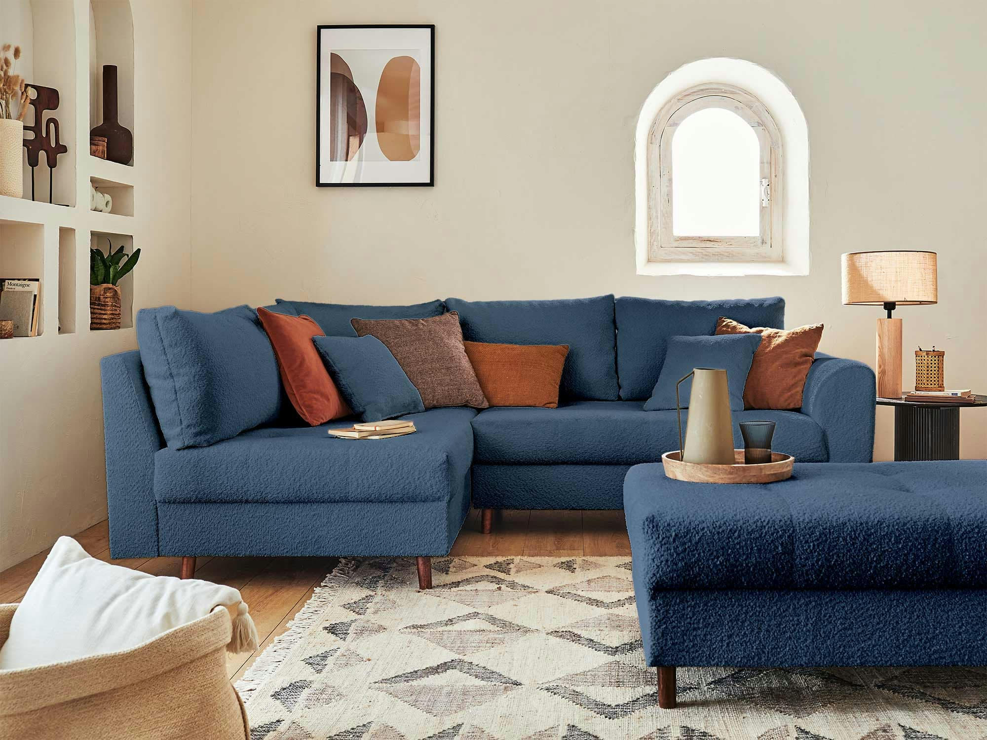RUNE - Canapé d'angle gauche convertible 4 places en tissu bouclette bleu