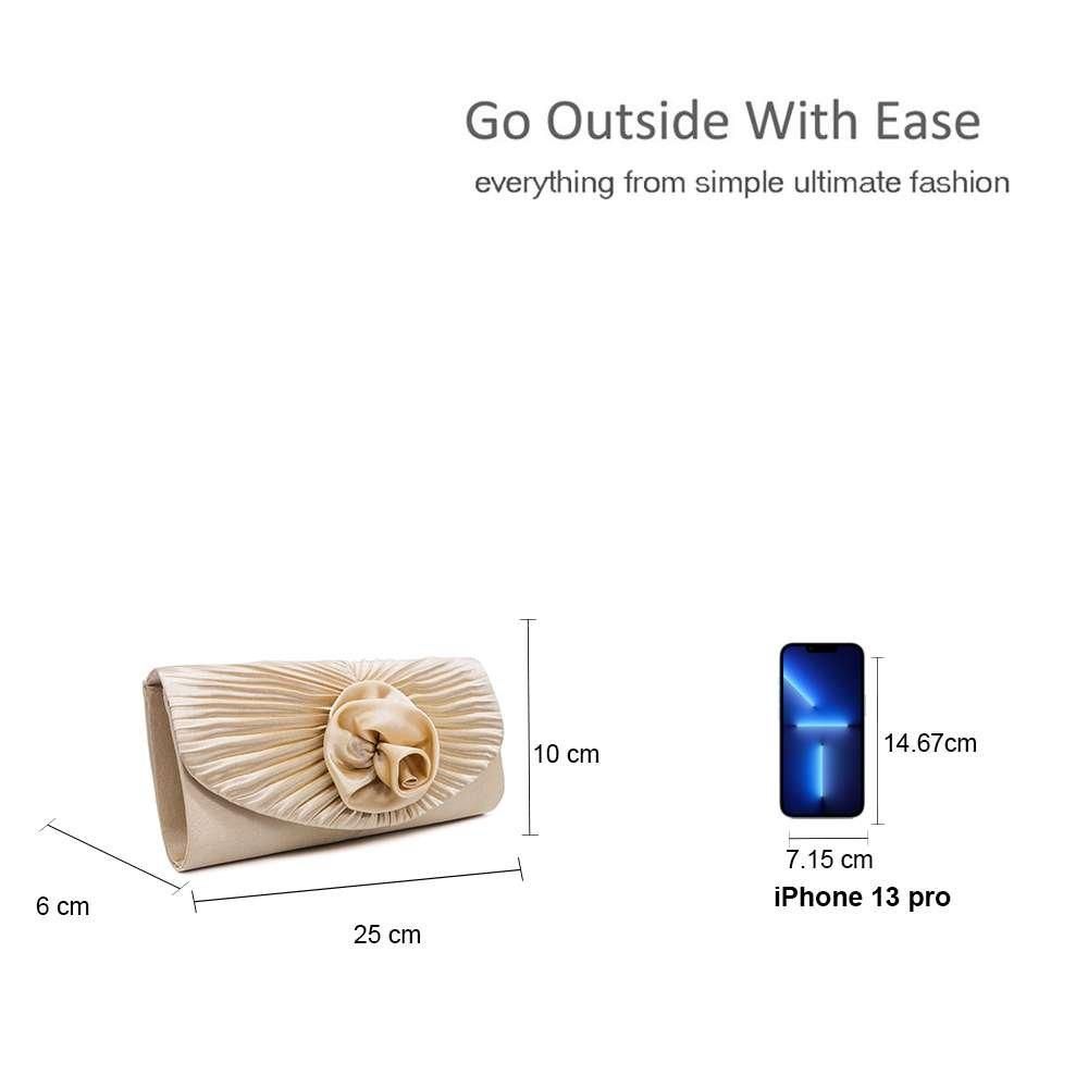 Kitise Pleated Satin Rose Detail Evening Clutch Handbag