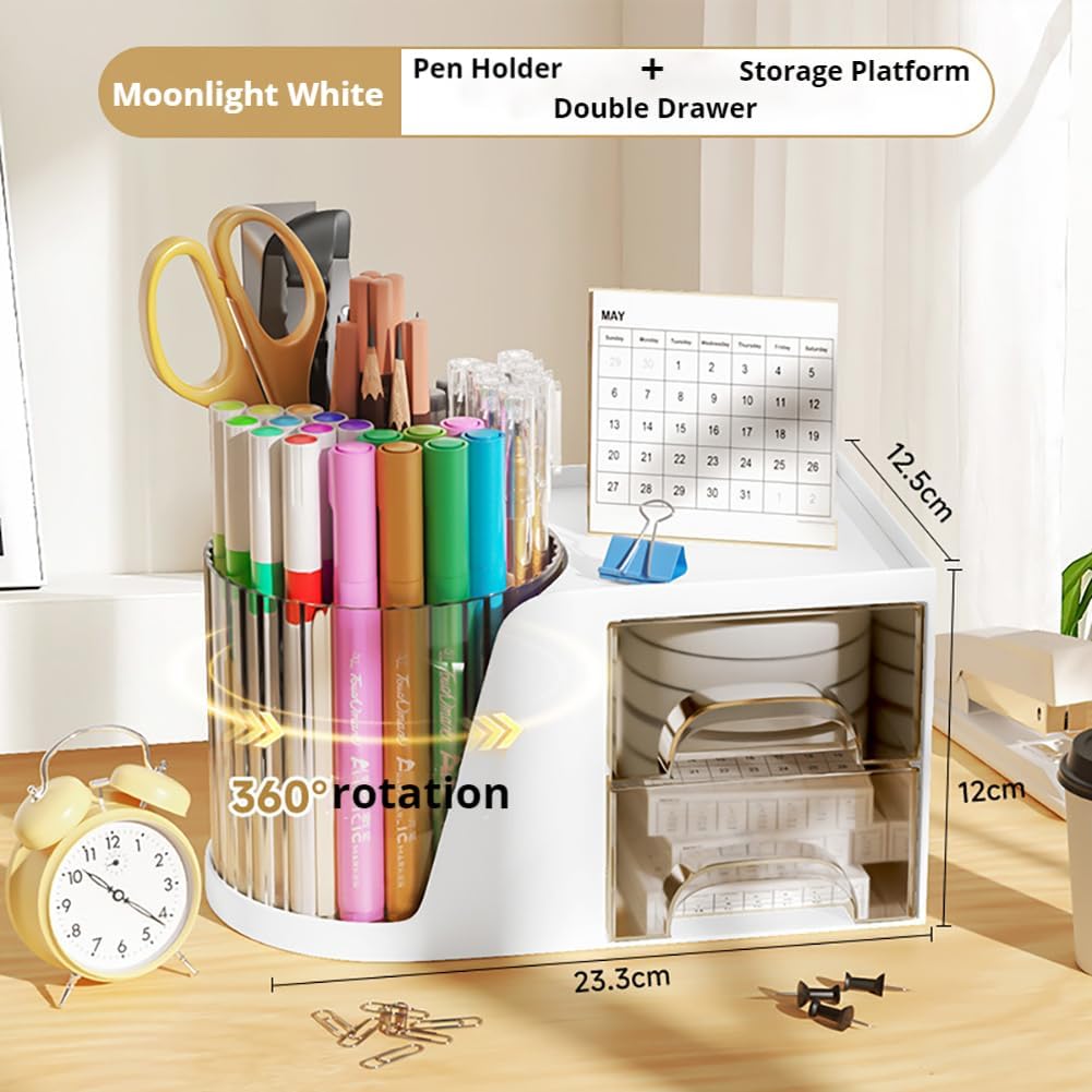 Rotating Desk Organizer, Large Capacity Cosmetic Display Case with Drawer, 360-Degree Rotating Pen Holder, Art Supply Storage Box Caddy for Office and Home