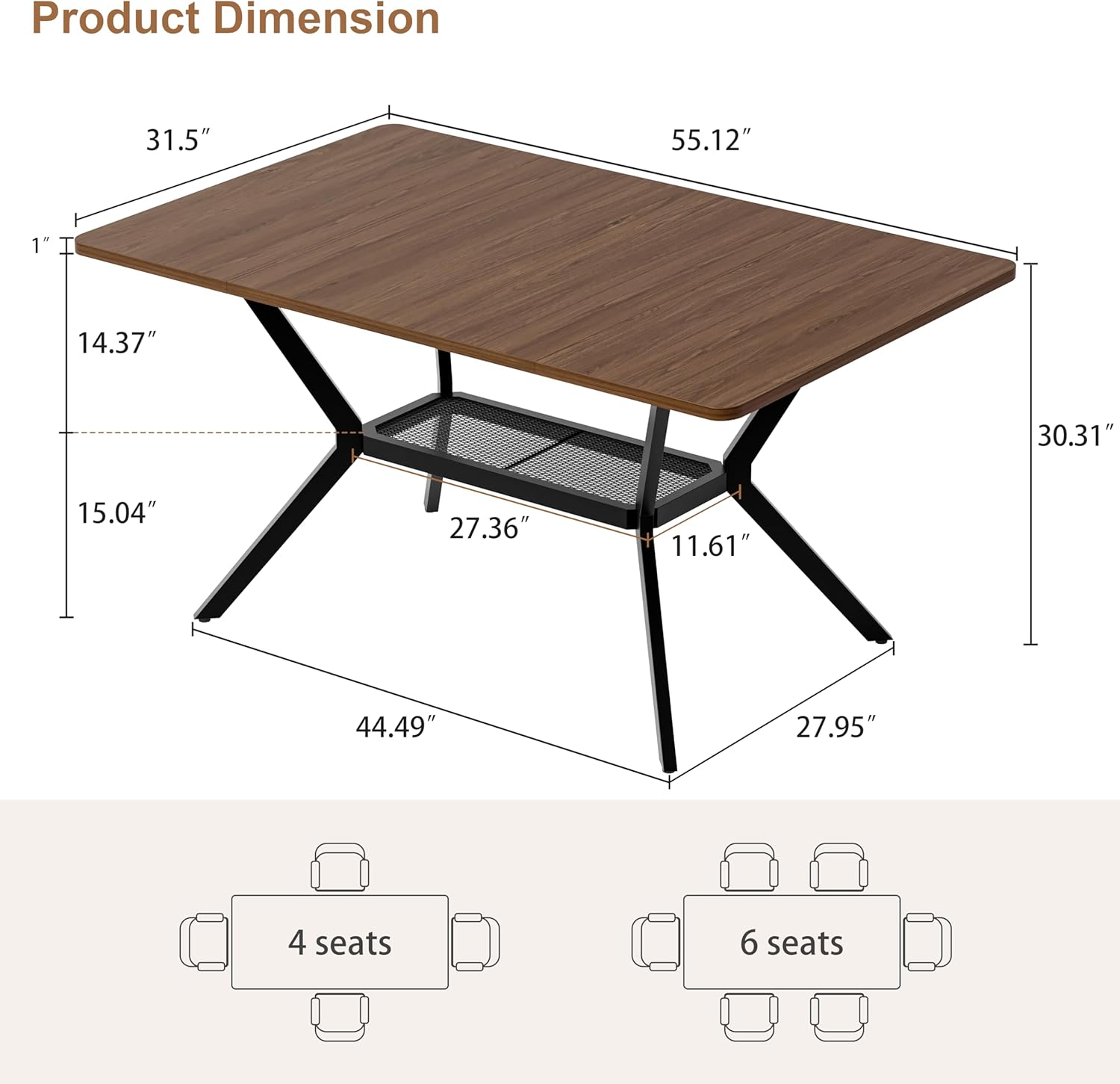 55 inch Dining Table for 4-6, Rectangle Kitchen Table with Storage Shelf, Space Saving Modern Farmhouse Design with Sturdy Metal Legs for Dining Room & Small Apartments