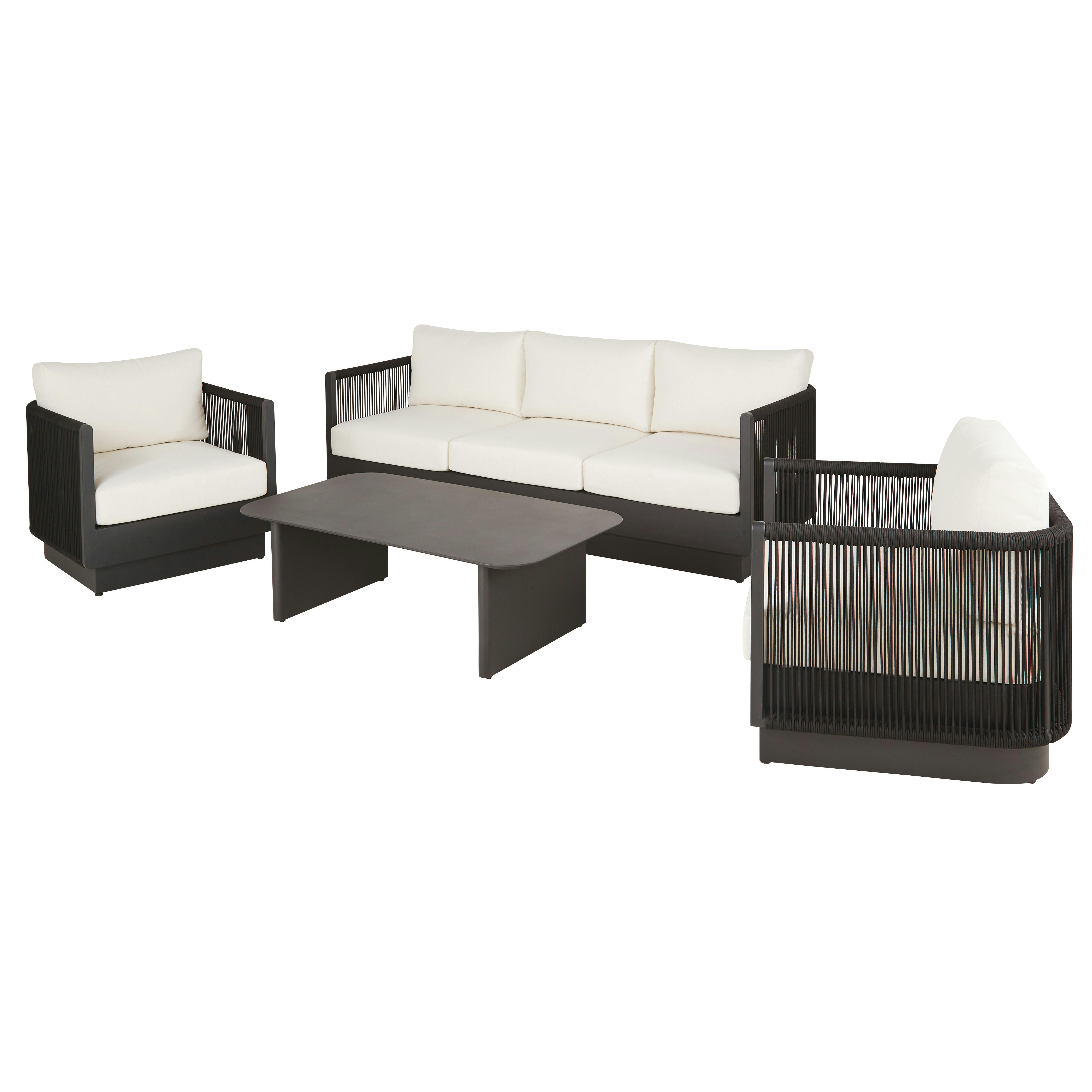 Cartago - Ensemble canapé de jardin 5 places, 2 fauteuils et table basse en aluminium noir et polyester recyclé écru