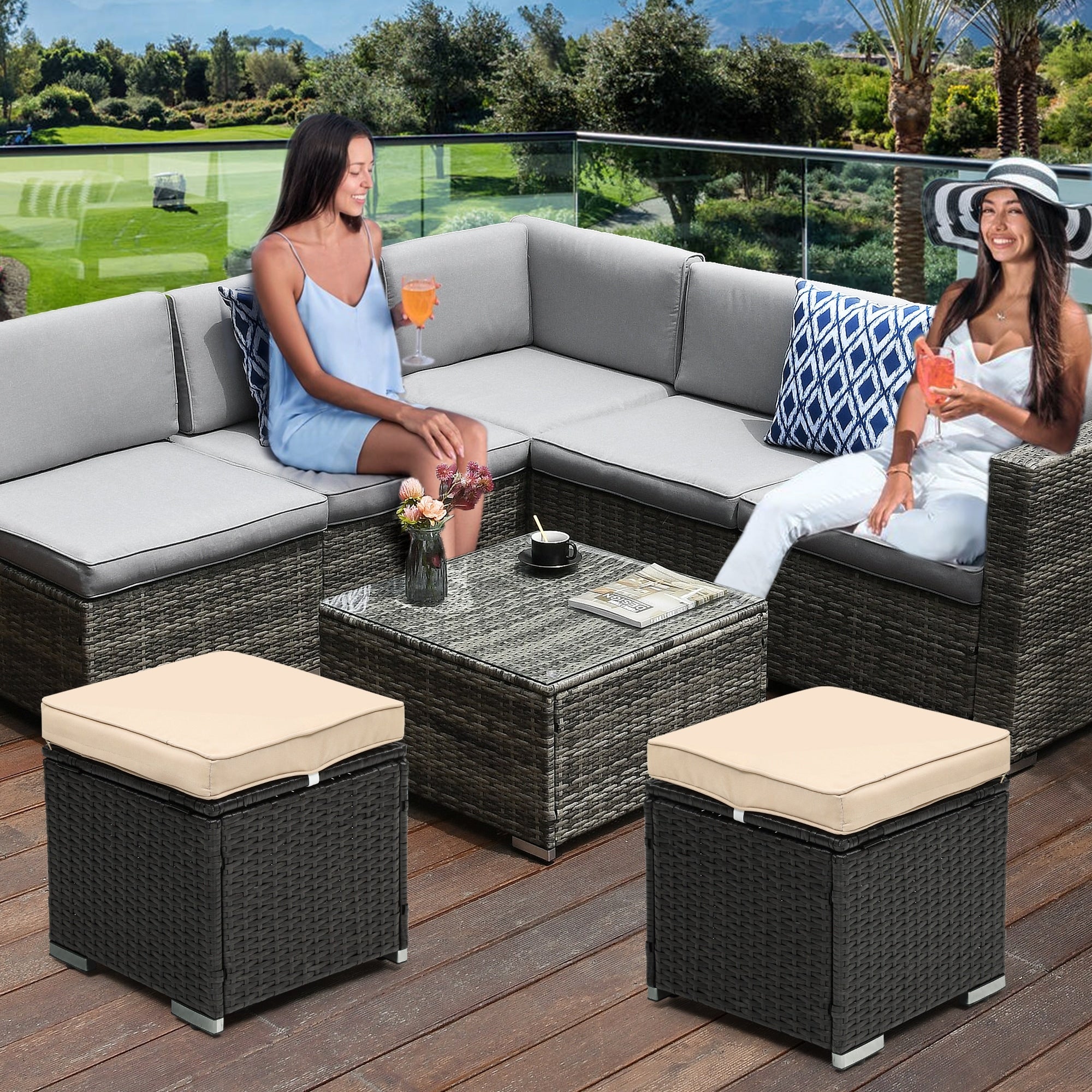 Moasis Set of 2 Outdoor Patio Rattan Ottoman Set - Set of 2