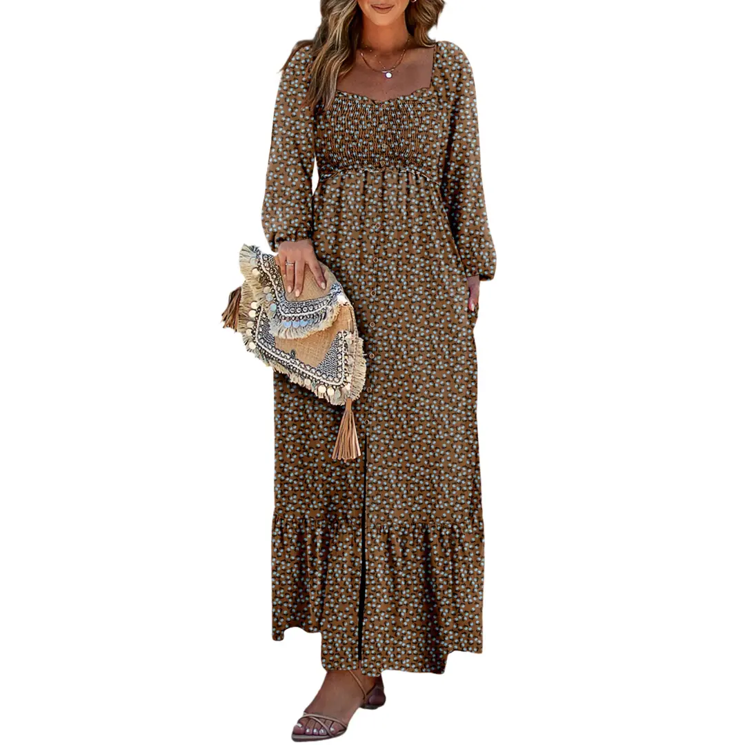 DOKOTOO Women's Boho Floral Smocked Empire Waist Square Neck Long Sleeve Button Beach Maxi Dress Sundress Brown Viscose Fitted Flowy Ruffle Hem