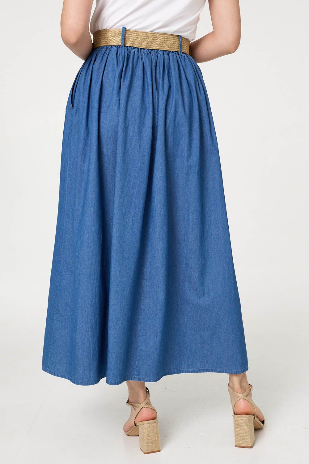 Izabel London High Waist Belt Detail Denim Maxi Skirt