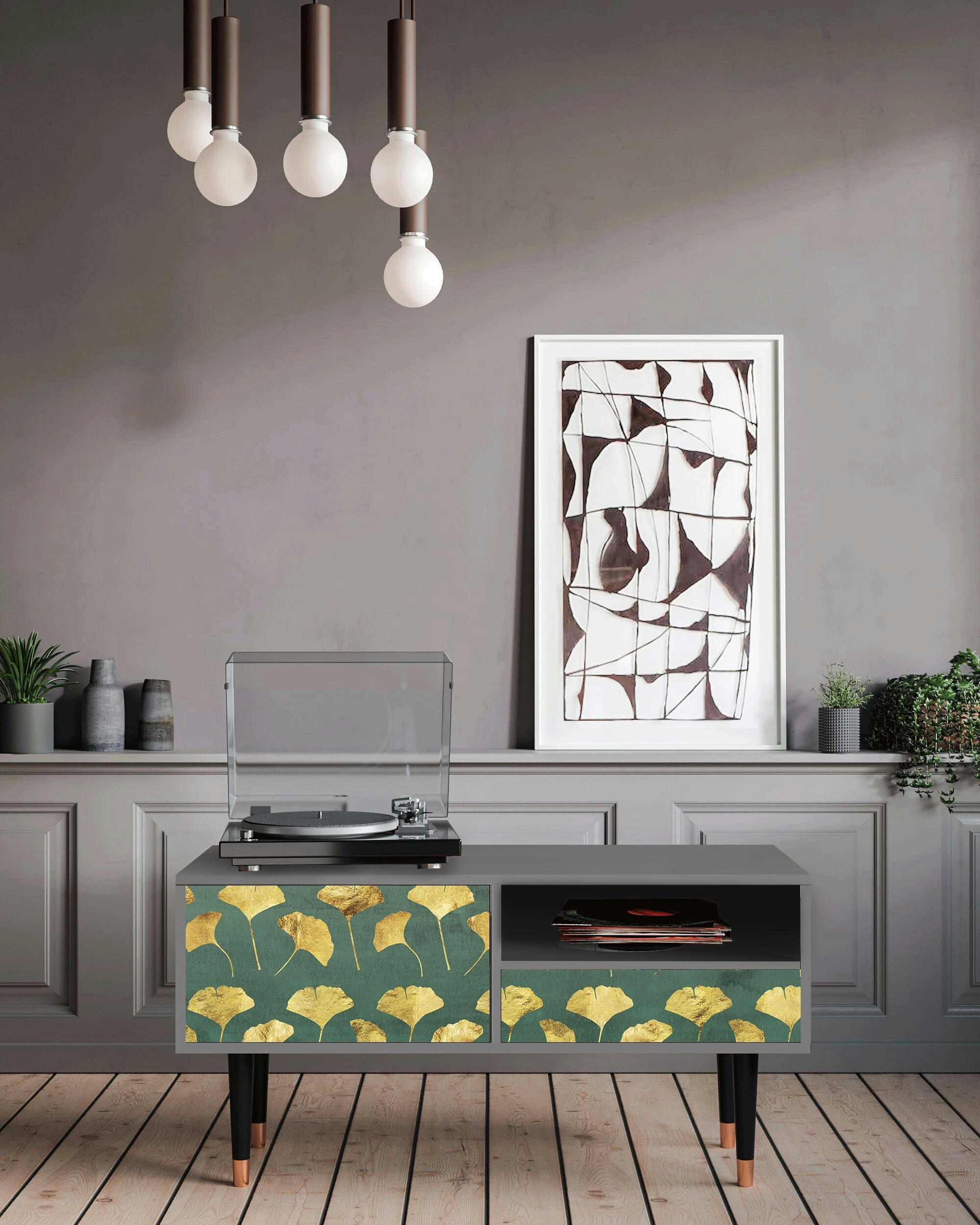 GINGKO LEAVES - Meuble TV  vert et jaune 1 tiroir et 1 porte L 115 cm