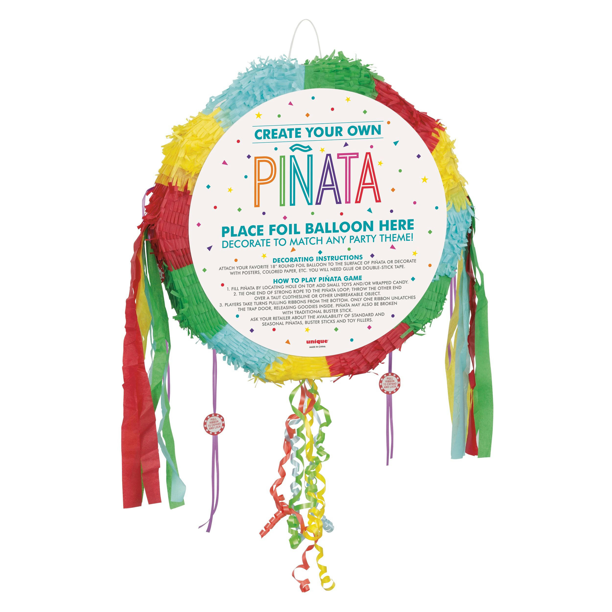 Round Create Your Own Pinata Hanging Pull String Decoration, Multi-Coloured, 18-in, Holds 2lb of Pinata Filler, for Birthday Parties