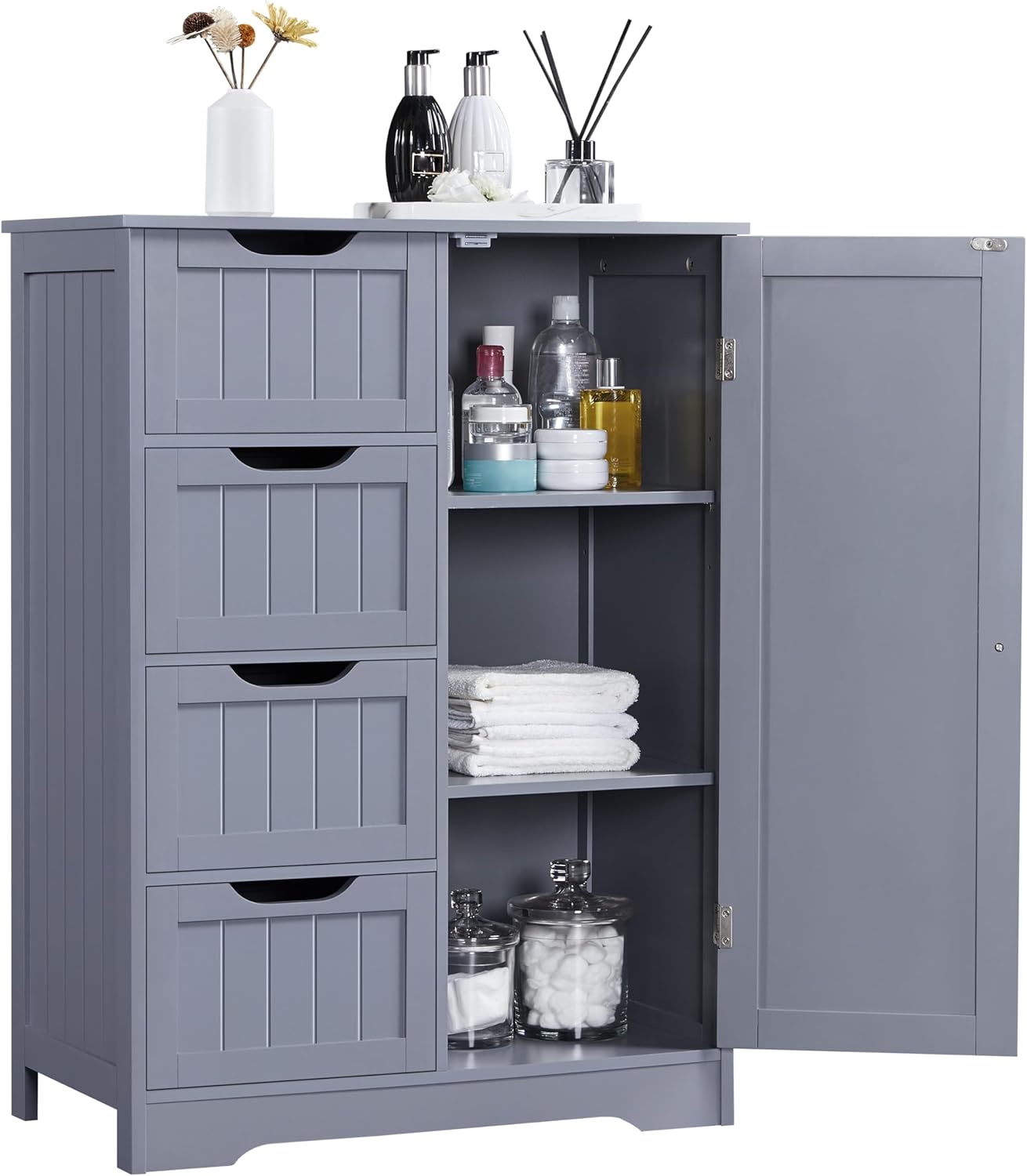 Yaheetech Large Bathroom Storage Cabinet, Freestanding Floor Cabinet with 4 Dawers and 1 Door, Adjustable Shelf, Bathroom Storage Organizer with 3 Shelves, for Living Room Kitchen Hallway, Gray