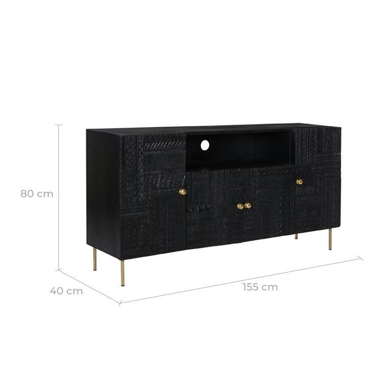 CHIMANE - Buffet 4 portes en bois gravé noir et métal doré