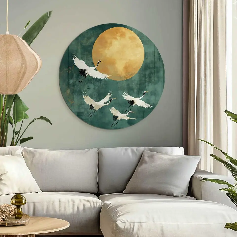 Glasschilderij Kraanvogels in de nacht - &Oslash; 70 - Groen