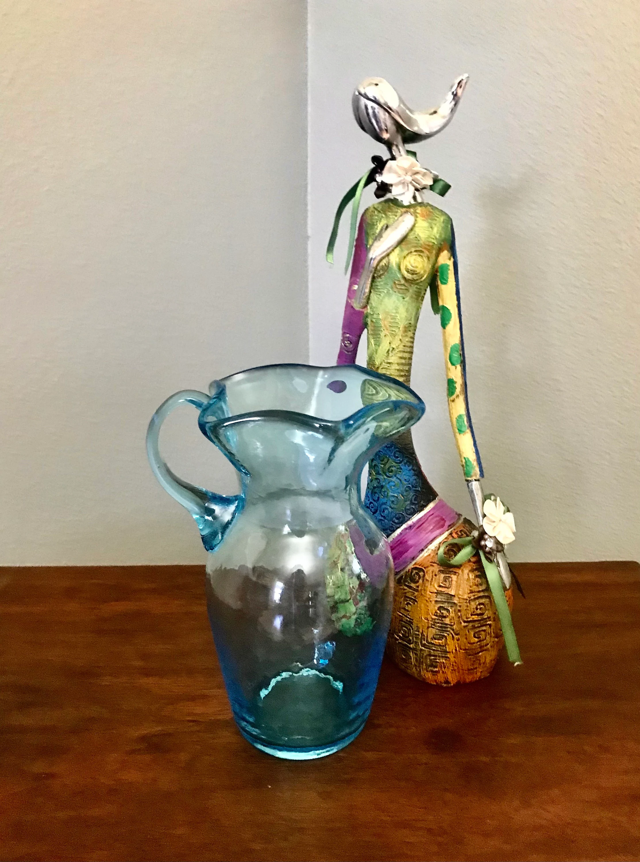 Vintage Blue Glass Small Pitcher 7.5in Tall Turquoise Ewer
