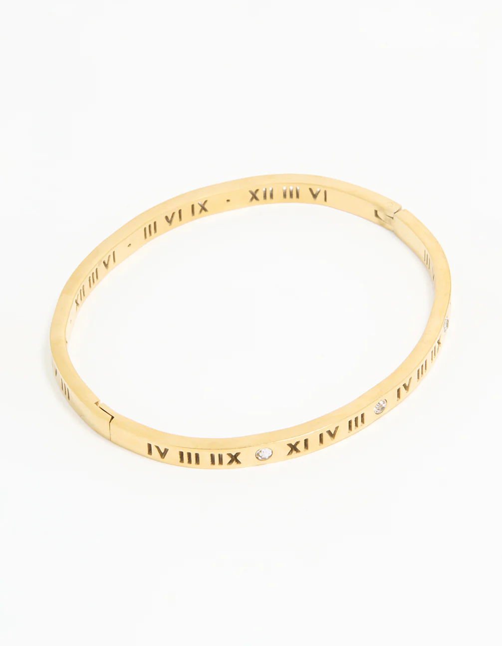Waterproof Gold Plated Stainless Steel Diamante Roman Numeral Hinge Bangle
