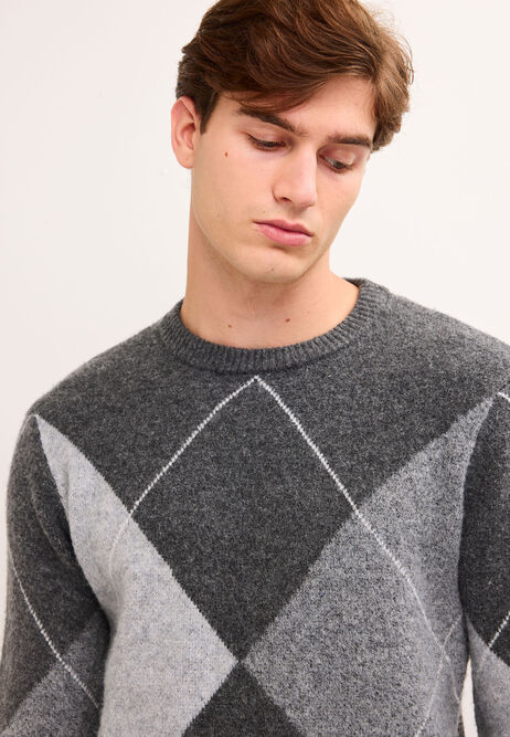 Mens Grey Argyle Wool Blend Jumper