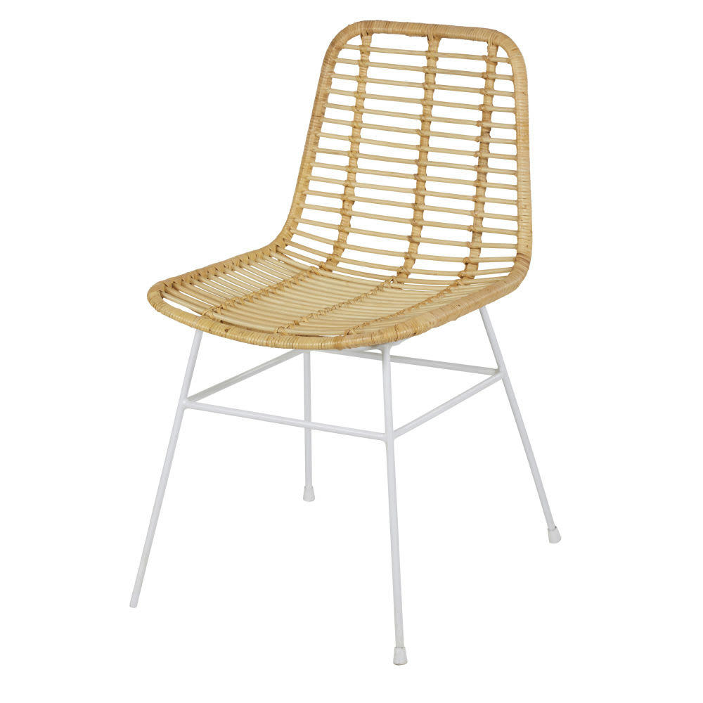 Anoki - Chaise en rotin beige et métal blanc