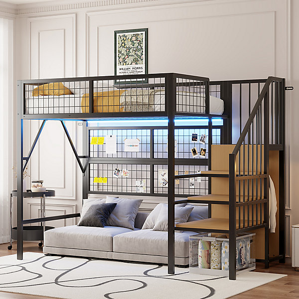 Lit mezzanine 90x200 cm - Lit simple déco avec éclairage LED et rangement sous lit - Armoire ouverte en MDF et métal - Noir
