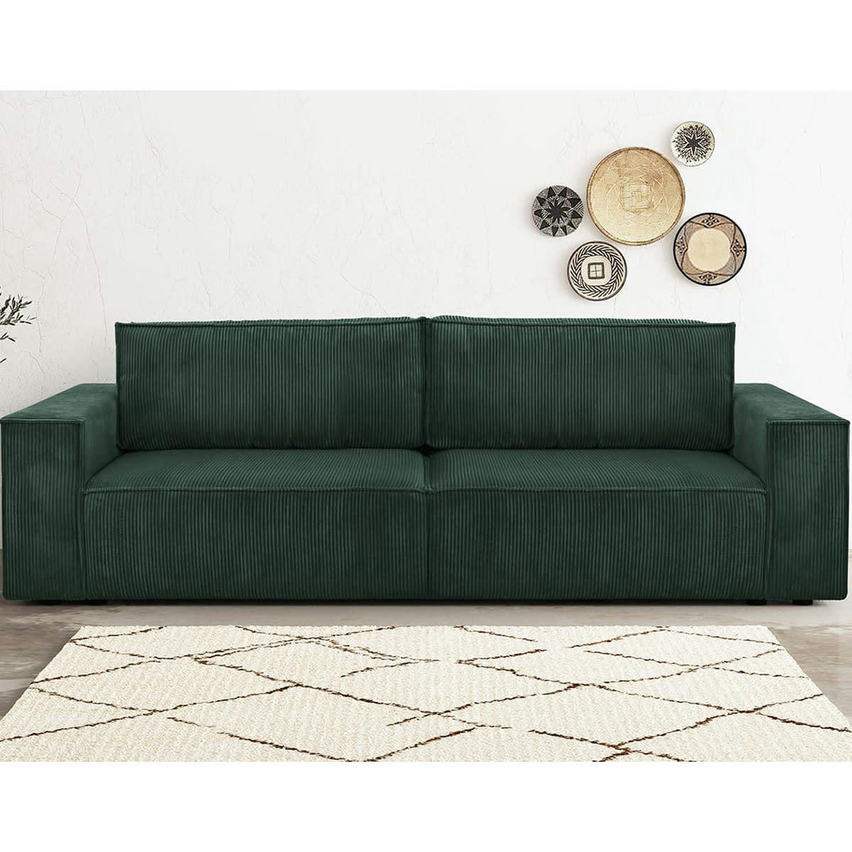 HARPER NEW - Canapé 3 places convertible + coffre en velours côtelé vert
