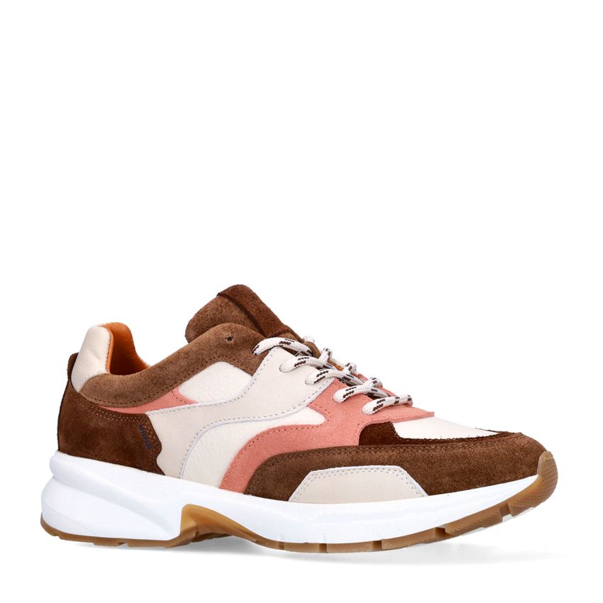 Manfield Bruine leren sneakers met multicolor suède details