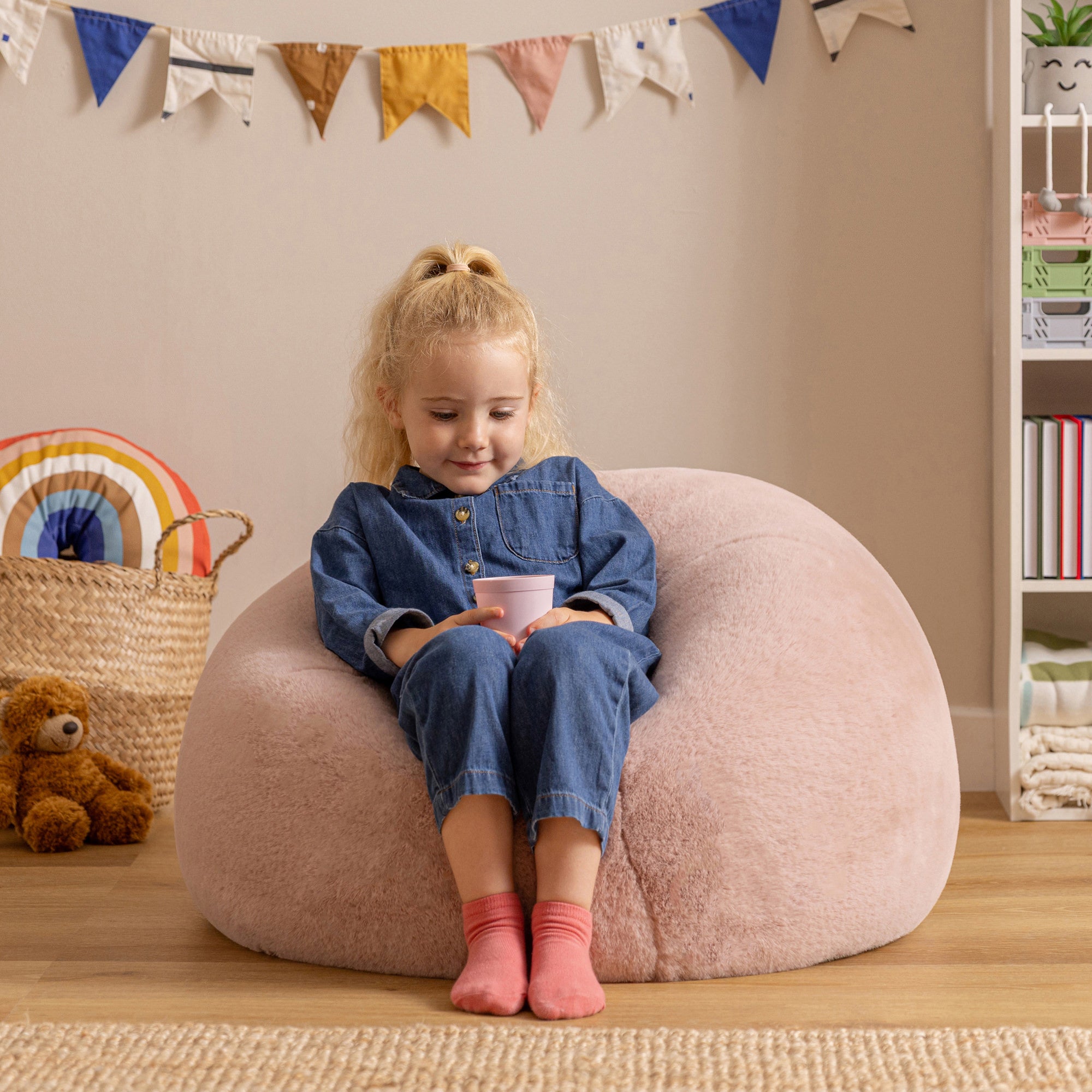 icon Kingston Kinderzitzak - Fluffy Pluche Imitatiebont - Oudroze