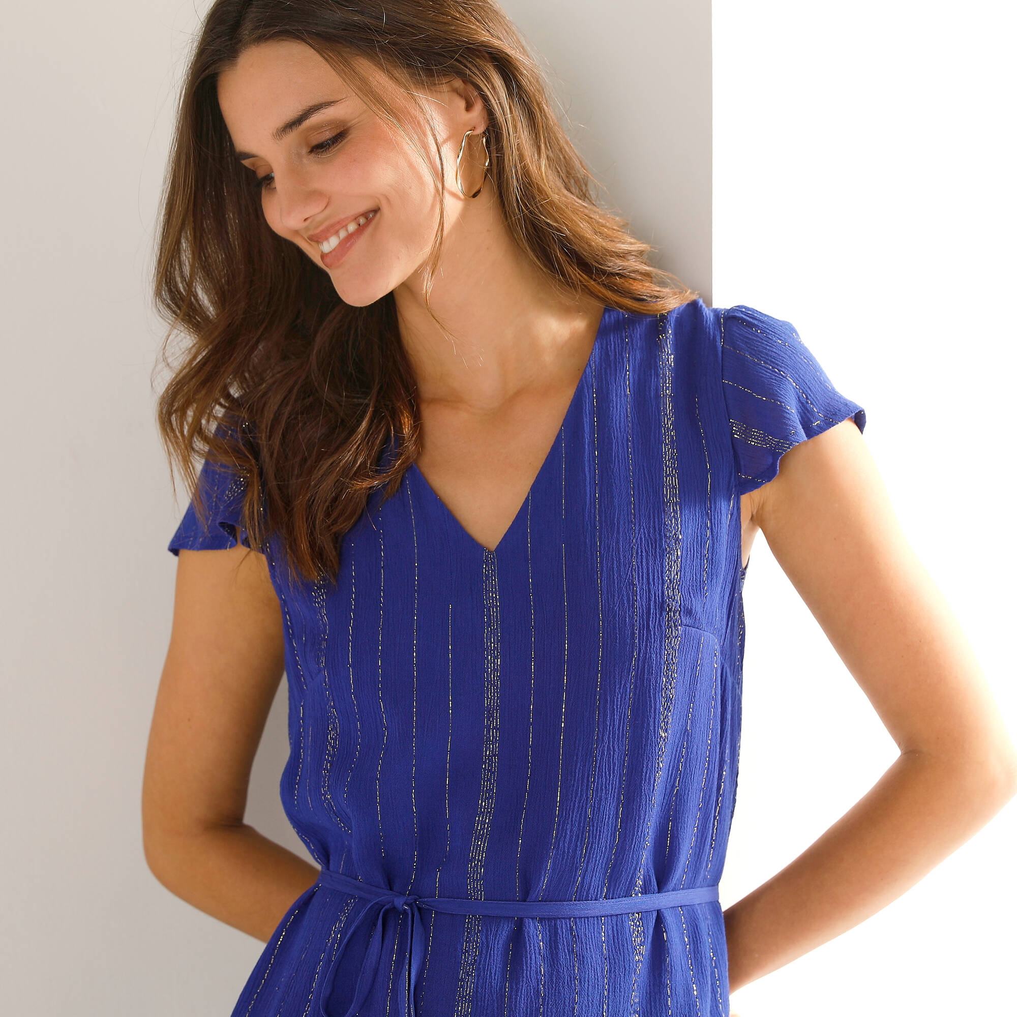 Robe longue en crépon, fils brillants