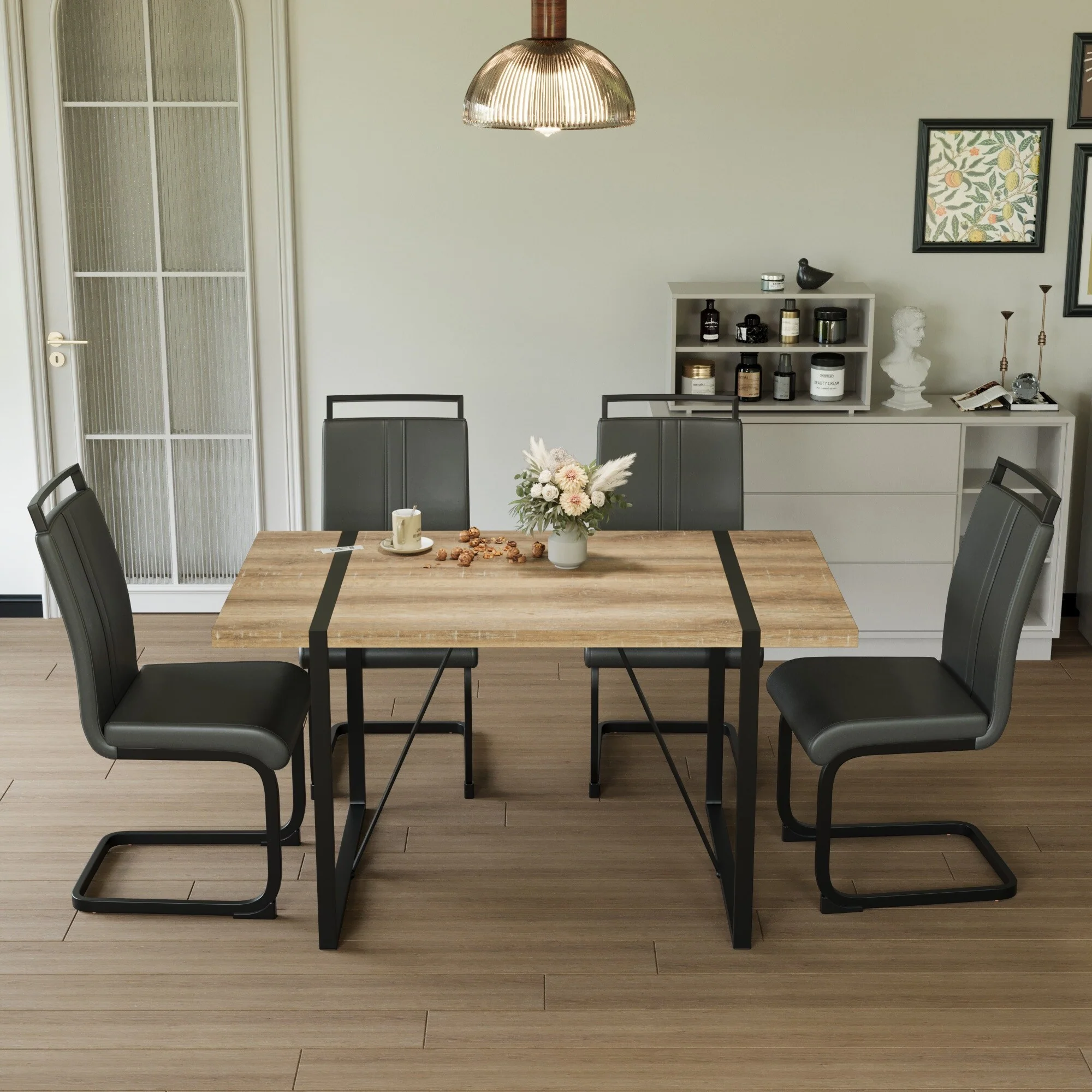 Rustic Dining Table Set with Table and 4 Ergonomic Chairs, Anti-Slip Foot Mats, C-Shaped Chair Base, Waterproof Tabletop