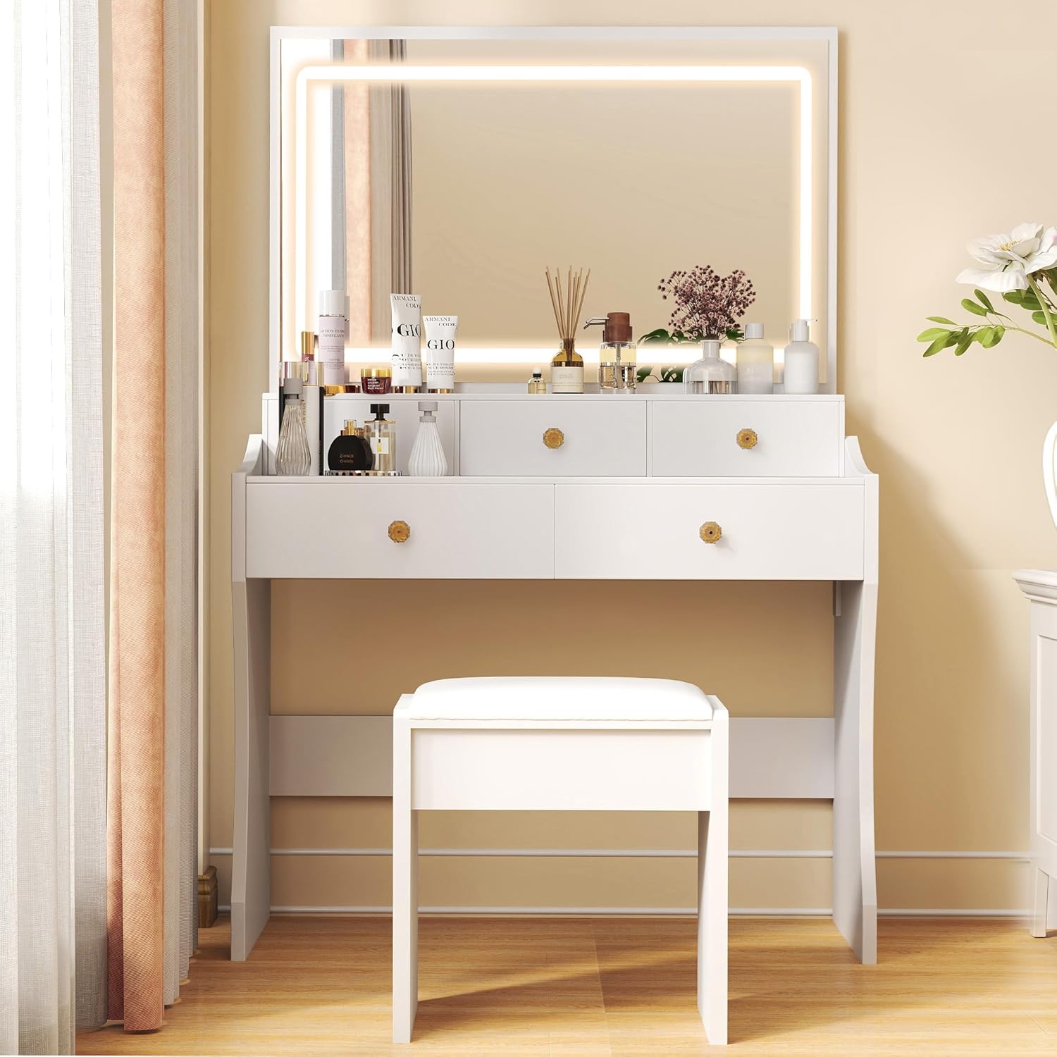 COMHOMA Makeup Vanity Desk with Mirror and Lights, Vanity Table and Chair Set with 5 Drawers and Charging Station, Bedroom Dresser LED Mirror Stepless Dimmable & 3 Color Modes Adjustable, Pearl White