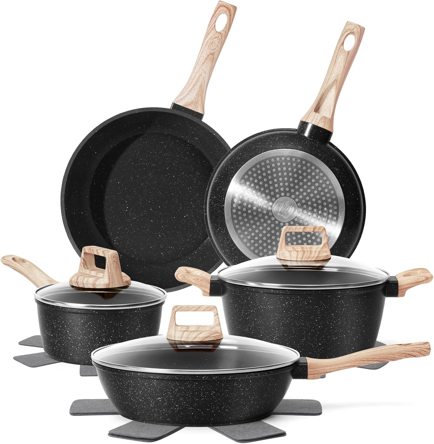 SODAY 12 Pcs Pots and Pans Set Non Stick, Cookware Sets Black Granite Induction Cookware, Non-toxic Healthy Nonstick Kitchen Cooking Set with Frying Pans Set, Saucepans (PFAS/ PFOA/ PFOS Free)