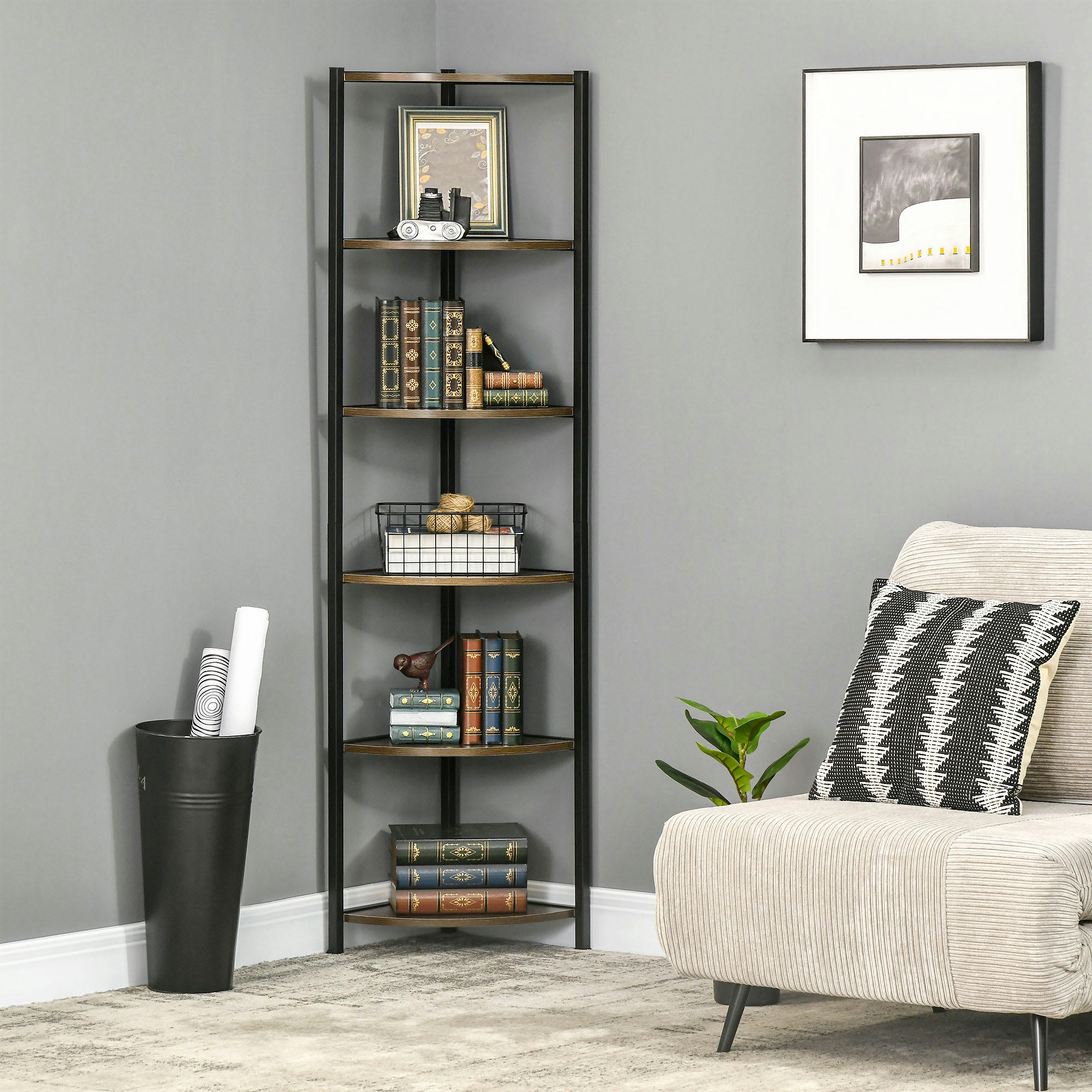 - Étagère d'angle style industriel 6 étagères métal noir aspect bois