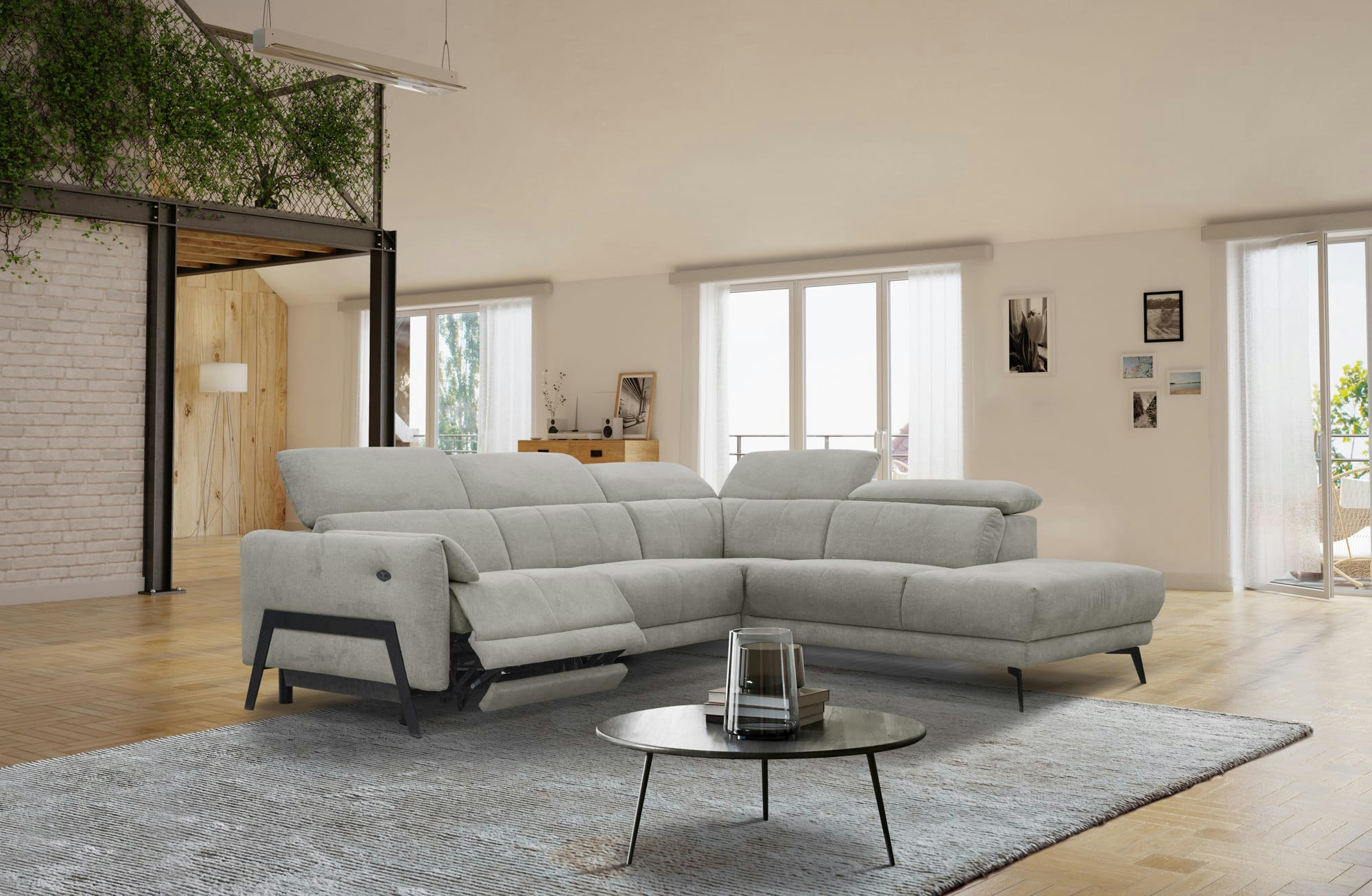 SCALA - Canapé d'angle droit 5 places relax électrique, Tissu Brooklyn truffle