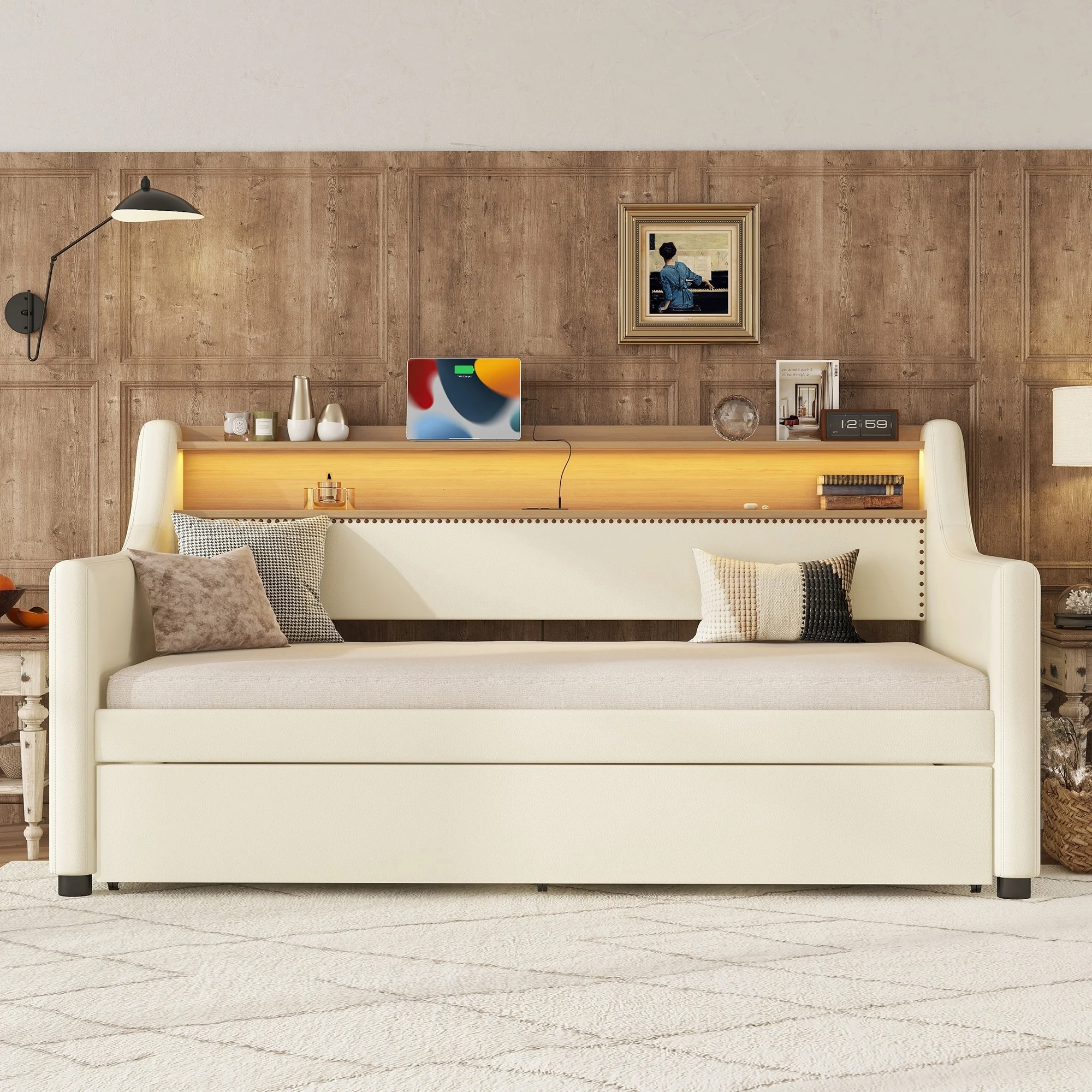 Twin Size Daybed with Trundle, Upholstered Daybed with Charging Station and LED Lights