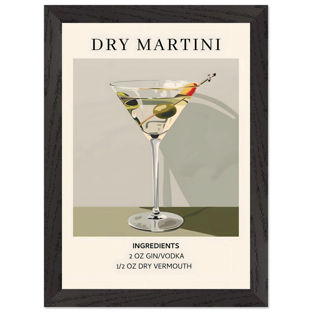Artfulprints Poster met Lijst Dry Martini cocktail - Ingrediënten  - A4 21x29.7 cm - Groen