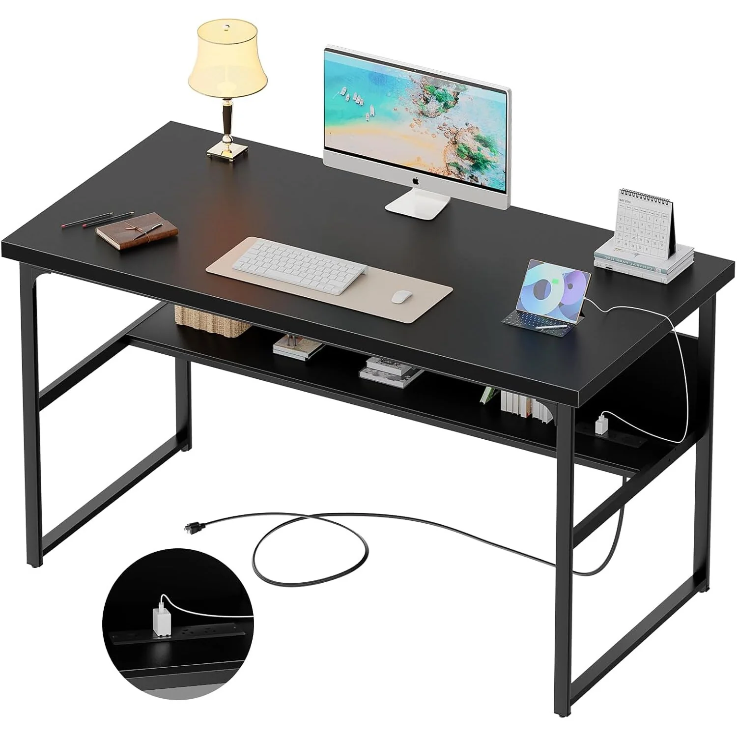 Executive Desk Computer Desk with Extra Thick Tabletop, Simple Office Desk Workstation Study Writing Table with Power Outlets