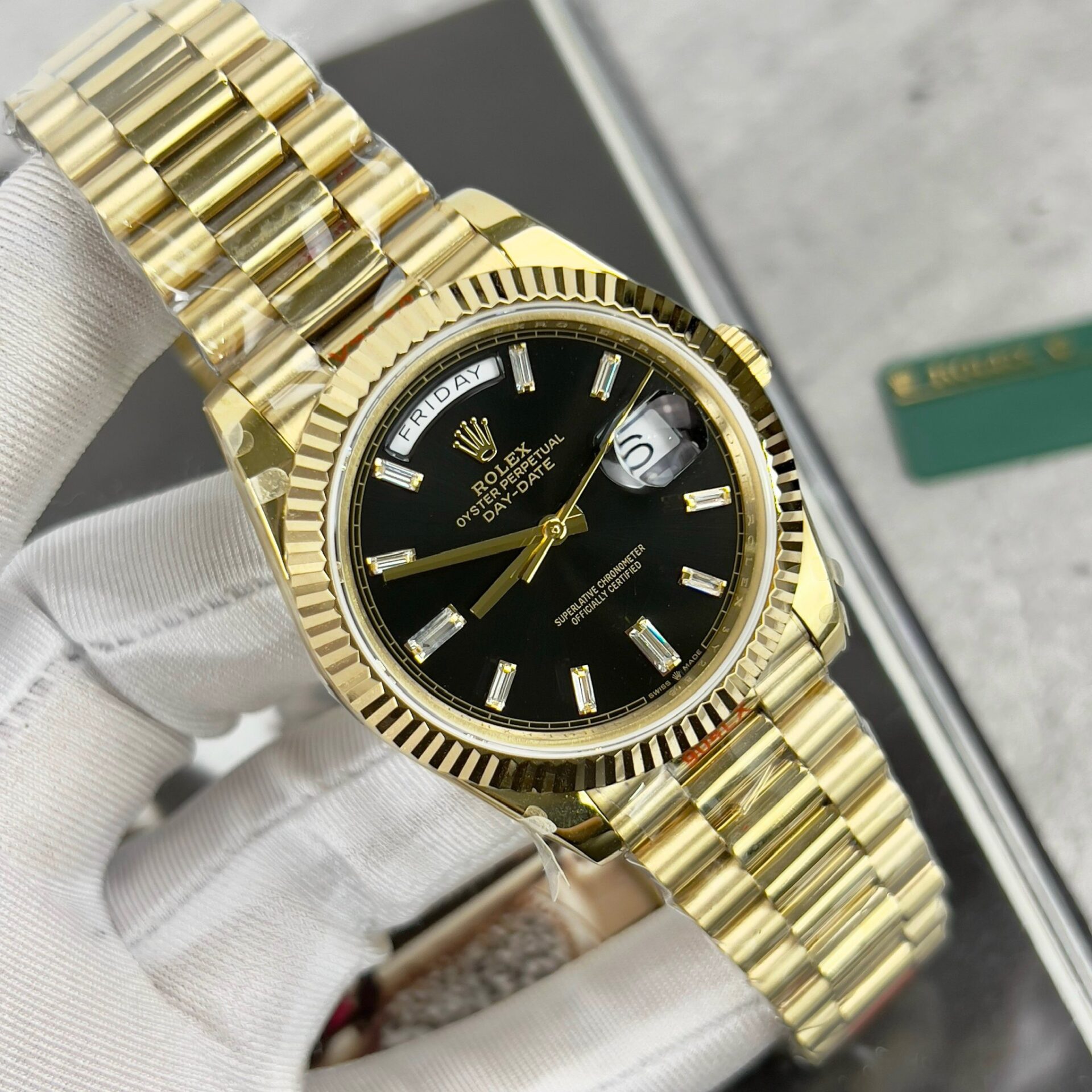 Rolex Day-Date 228238 YG Plated Black Dial CZ Diamonds 40mm Super Clone