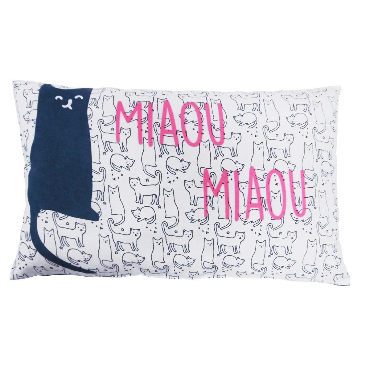 KIDS - Coussin coton blanc et bleu avec chat 30x50cm
