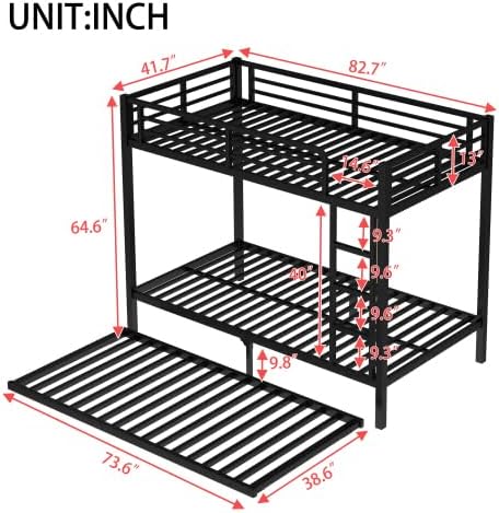 Metal Bunk Bed Twin XL over Twin XL with Trundle for 3 Kids/Teens/Adults, Heavy-duty Metal Bunk Bed Frame with Ladder & Safety Guardrail, Space-saving Design for Bedroom/Kidsroom/Dorm, Black
