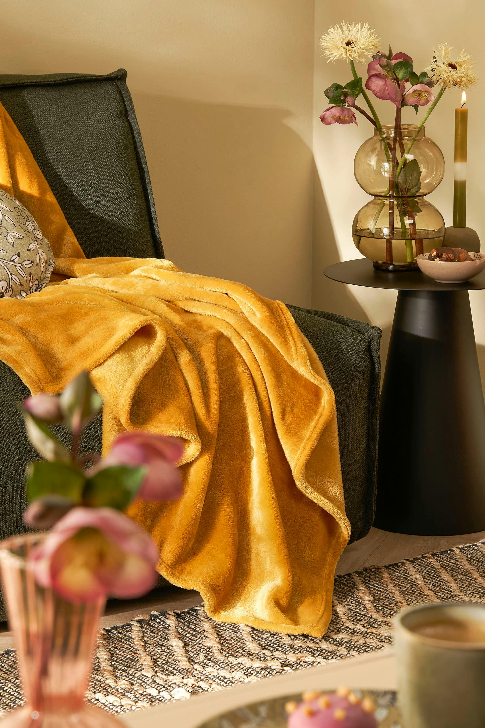 FAMKE - Plaid polaire jaune 180x130