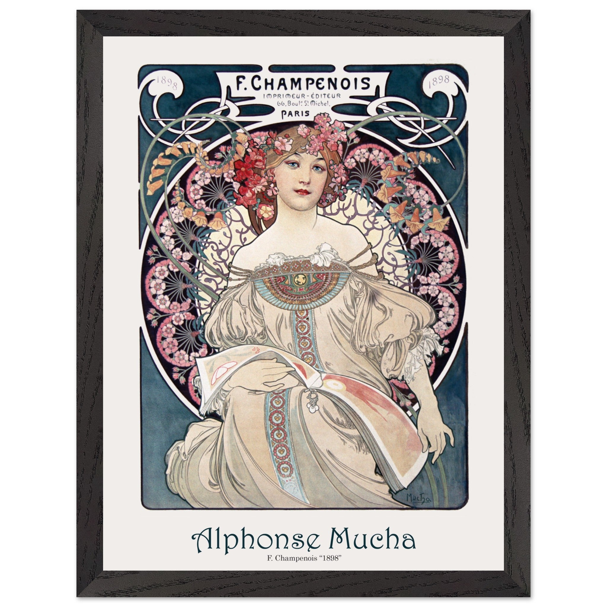 Artfulprints Poster met Lijst Alphonse Mucha - F. Champenois  - 30x40 cm - Blauw