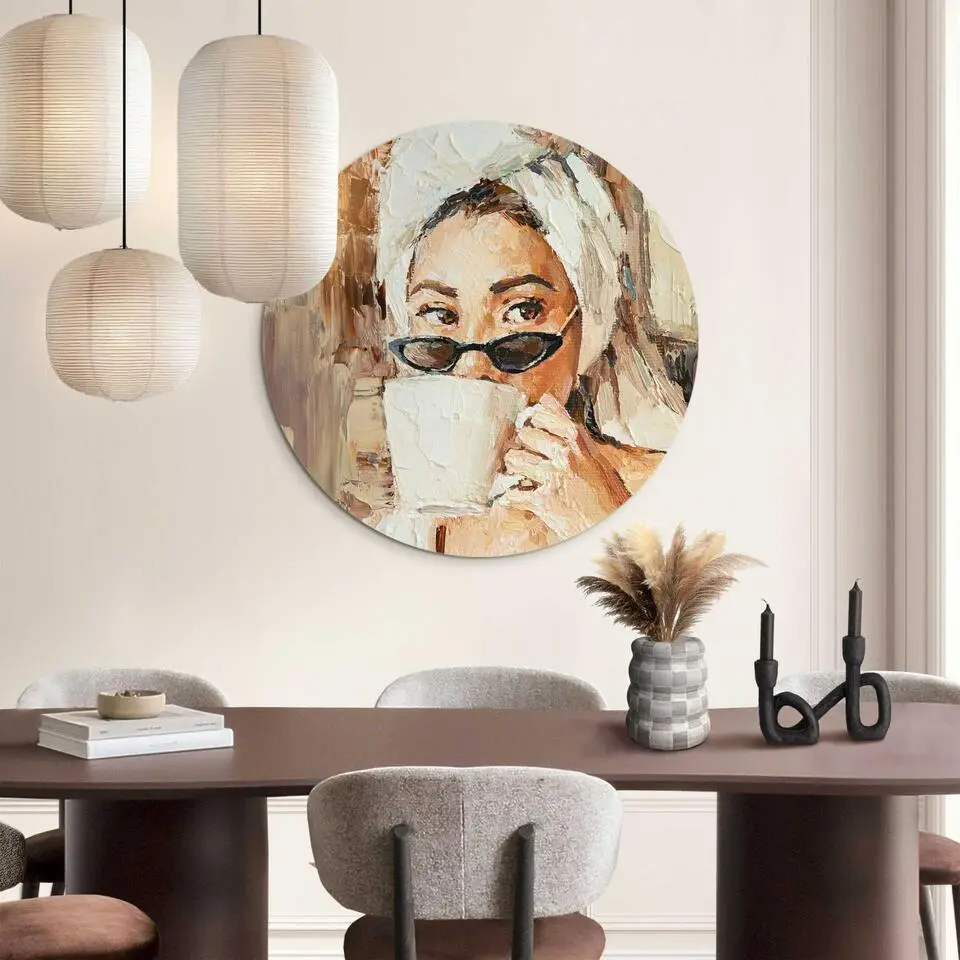 Glasschilderij Ochtendkoffie - &Oslash; 70 - Beige