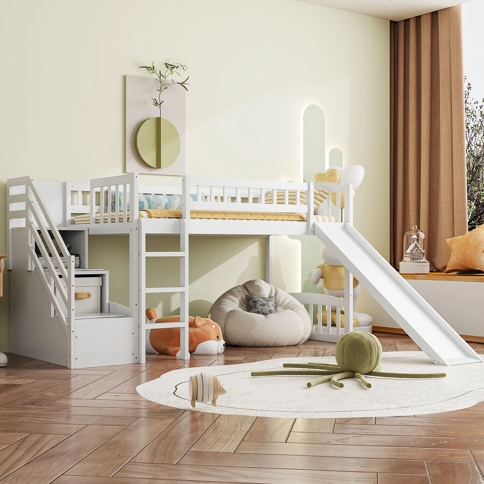 Roomfitters Stairway Twin Size Loft Bed with Slide, Built-In Storage and Two Compartments, Space-Saving Design