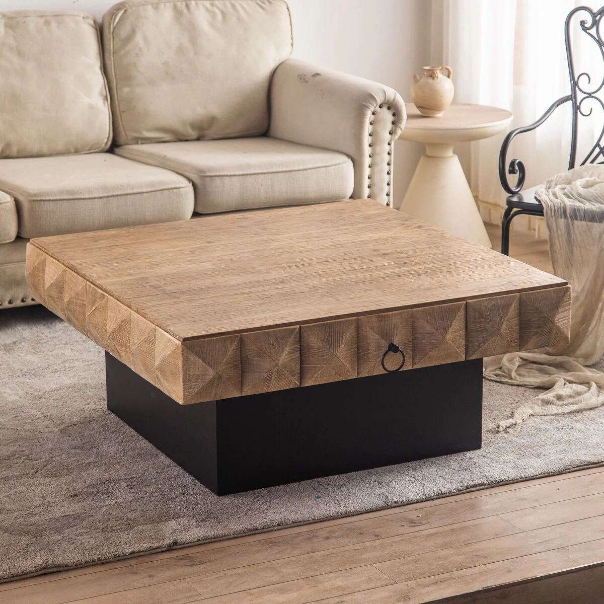 Ouyessir Square Retro Wood Coffee Table with 2 Drawers
