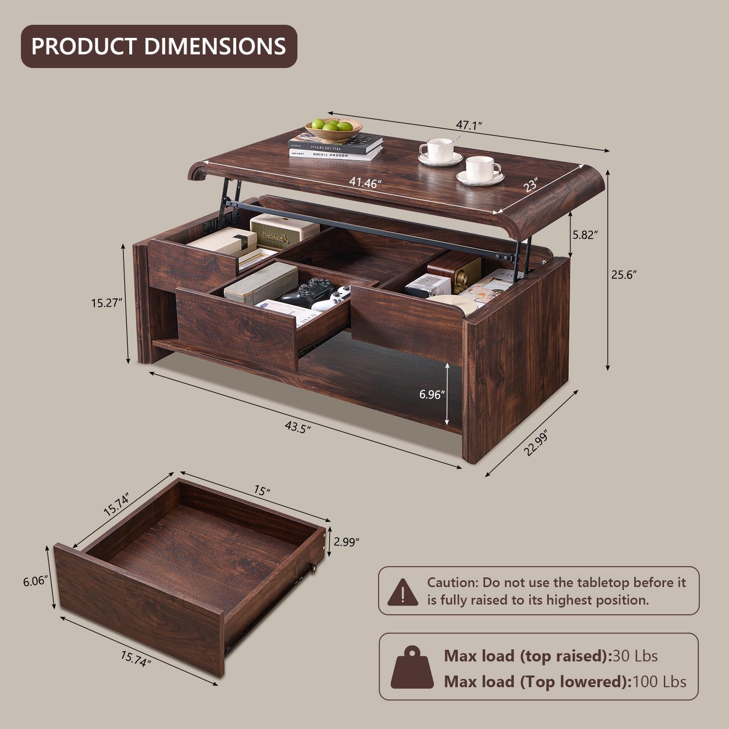 47 Lift Top Coffee Table with Storage, Modern Coffee Table with Pull-Out Drawer and Two-Tier Storage, Rectangle Wood Center Table w/Curved Profile Design for Living Room, Brown