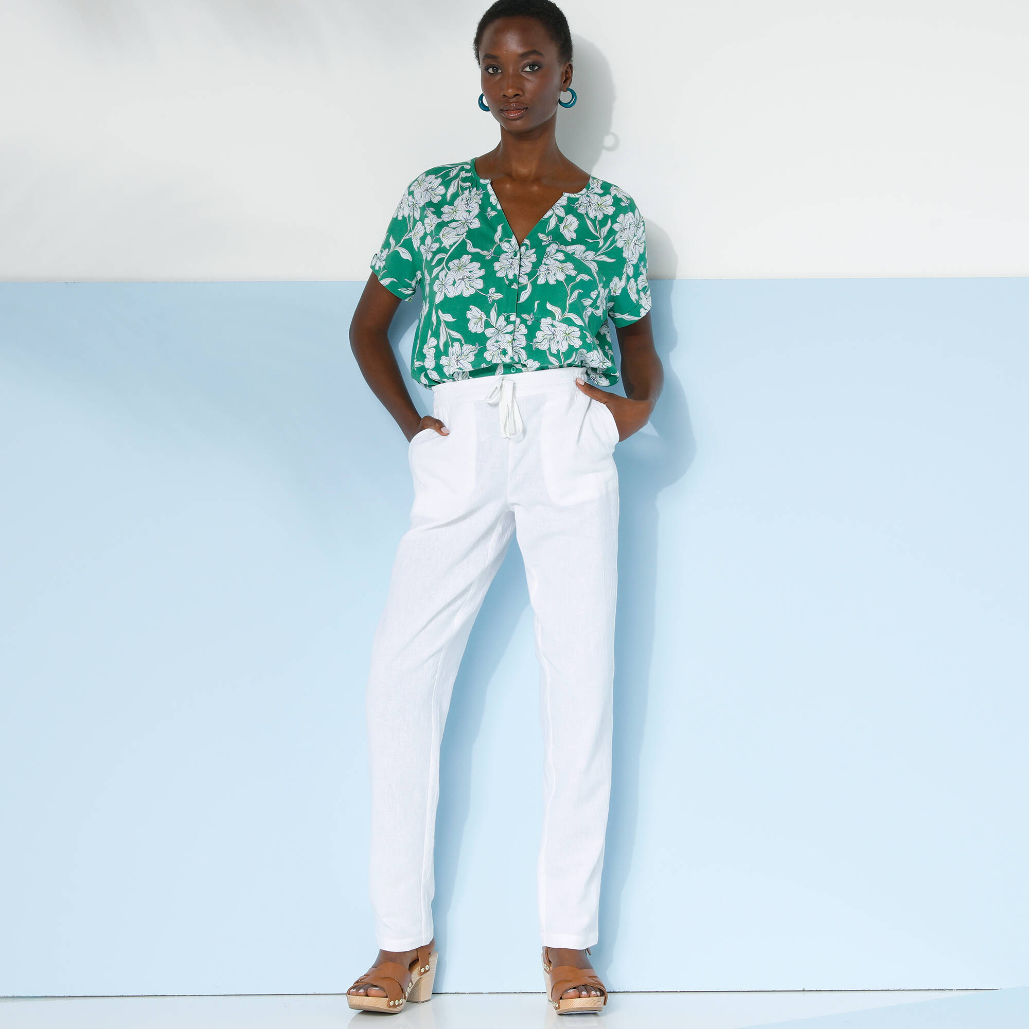 Pantalon fuselé fluide, lin-coton
