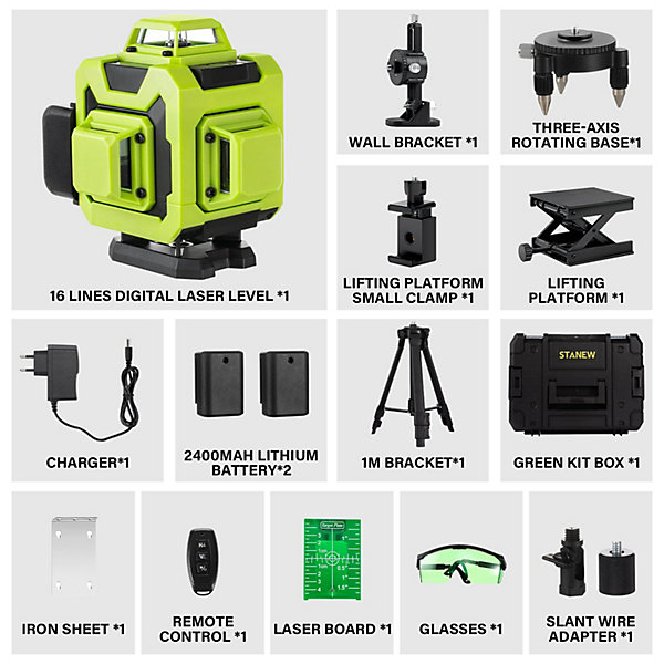 Niveau laser 4x360 degrés ,Vert 4D 16 Line Ligne Laser Verte Horizontal et Verticale avec Télécommande Intégrée Batterie STANEW