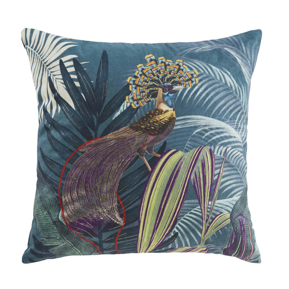 CALURI - Coussin en velours, imprimé paon bleu et feuilles vertes 45x45