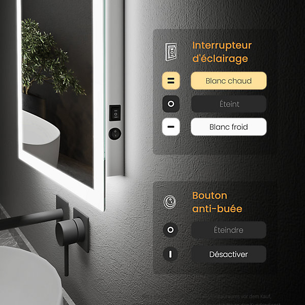 EMKE Miroir lumineux salle de bain 100x60cm, Miroir LED avec Interrupteur à bouton, Anti-buée, lumière Blanche Froide/Chaude