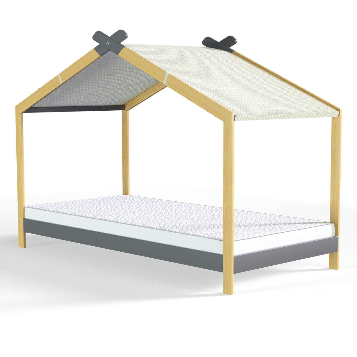 CHARLY - Ensemble lit cabane 90x190 en pin anthracite + matelas mousse