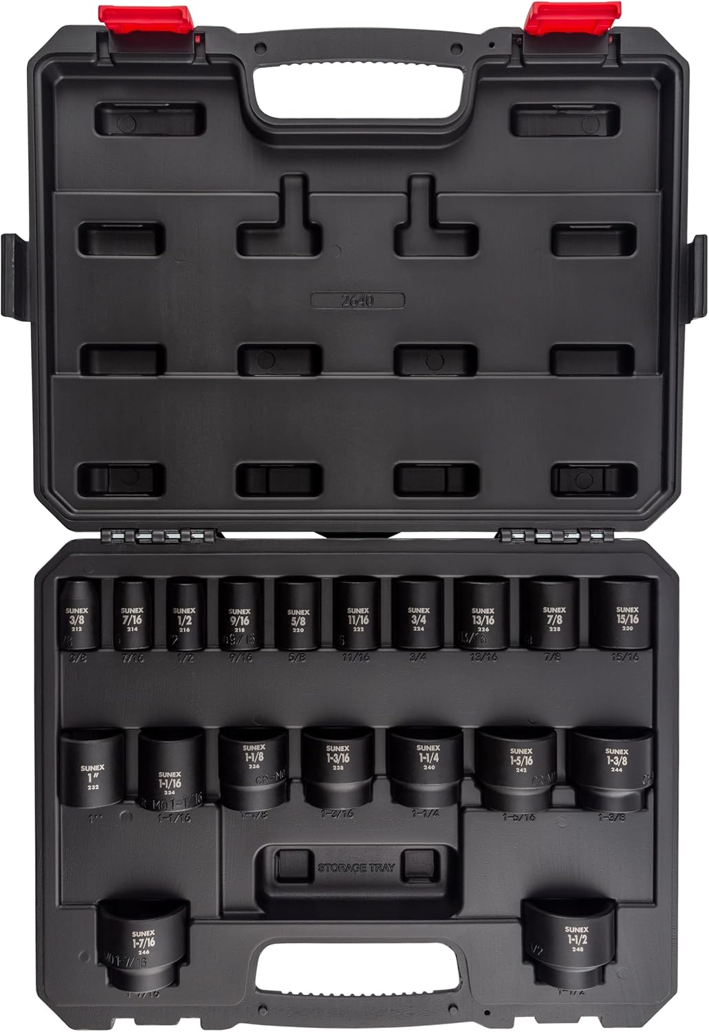 SUNEX TOOLS 2640, 1/2 Inch Drive Impact Socket Set, 19-Piece, SAE, 3/8 Inch – 1-1/2 Inch, Cr-Mo Alloy Steel, Radius Corner Design, Dual Size Markings, Heavy Duty Storage Case, Meets ANSI Standards