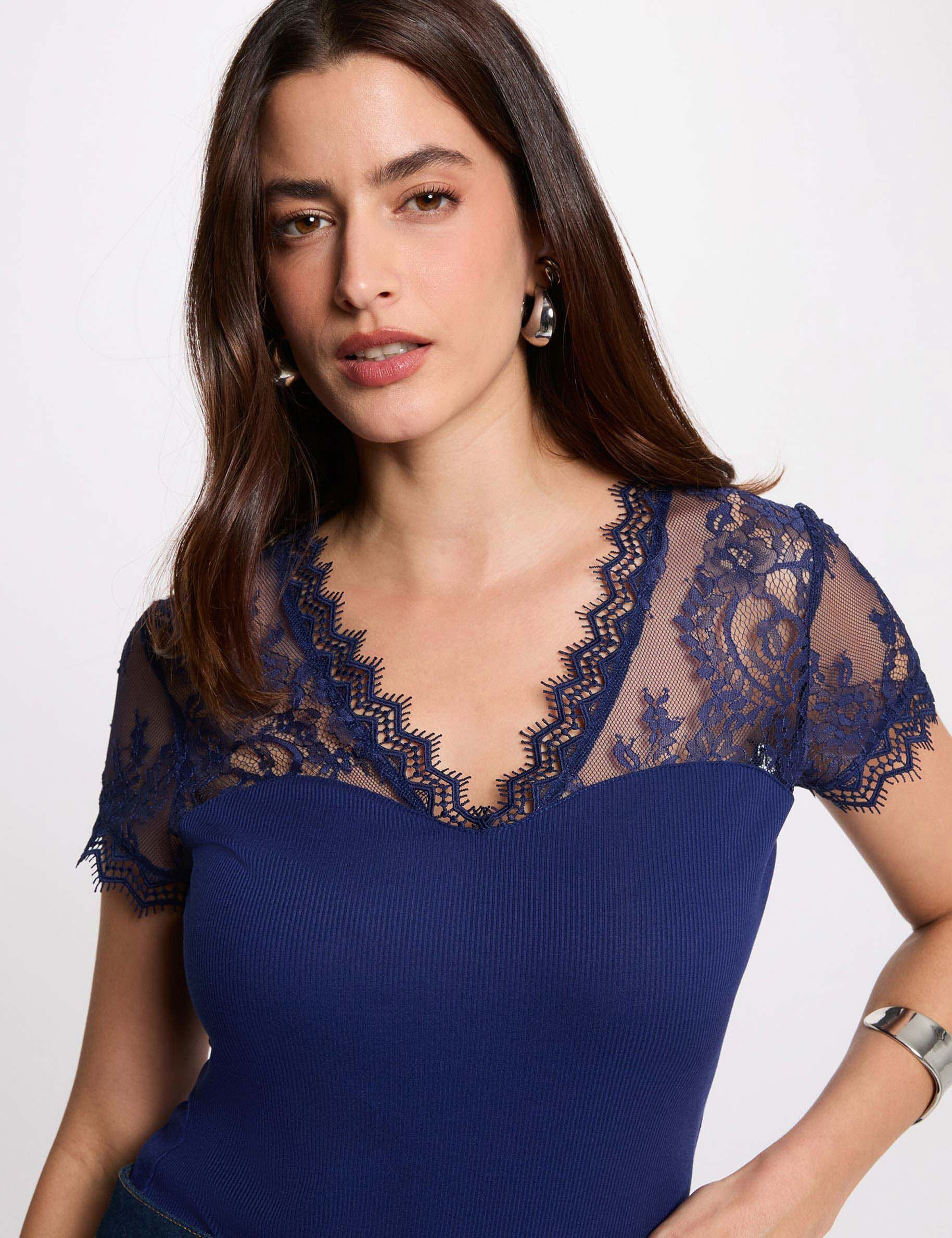 Short-Sleeved T-Shirt With Lace Navy Blue Women