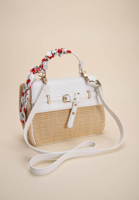 Womens Neutral Straw Cherry Scarf Shoulder Bag